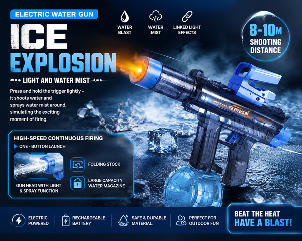 โก ICE EXPLOSION Electric Water Gun โ Rechargeable Water Blaster with LED Light & Mist Spray