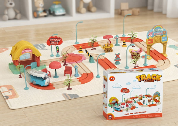 Kids Adventure Track & Car Play Set with City Scenery and Accessories