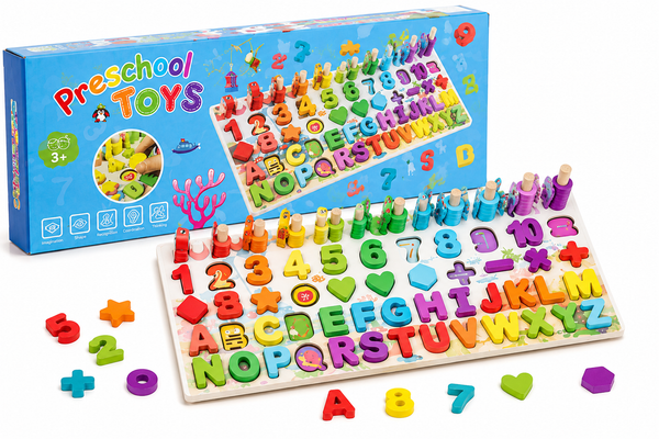 3-in-1 Wooden Alphabet, Numbers & Shapes Learning Puzzle