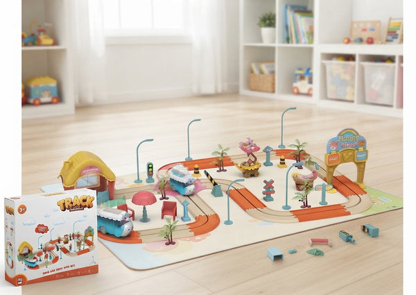 Kids Adventure Track & Car Play Set with City Scenery and Accessories
