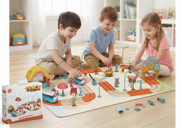 Kids Adventure Track & Car Play Set with City Scenery and Accessories